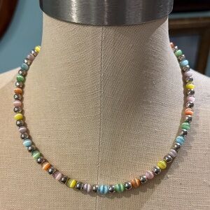 Beaded Multi-Color Pastel Cat’s Eye and Silver Tone Beaded Necklace